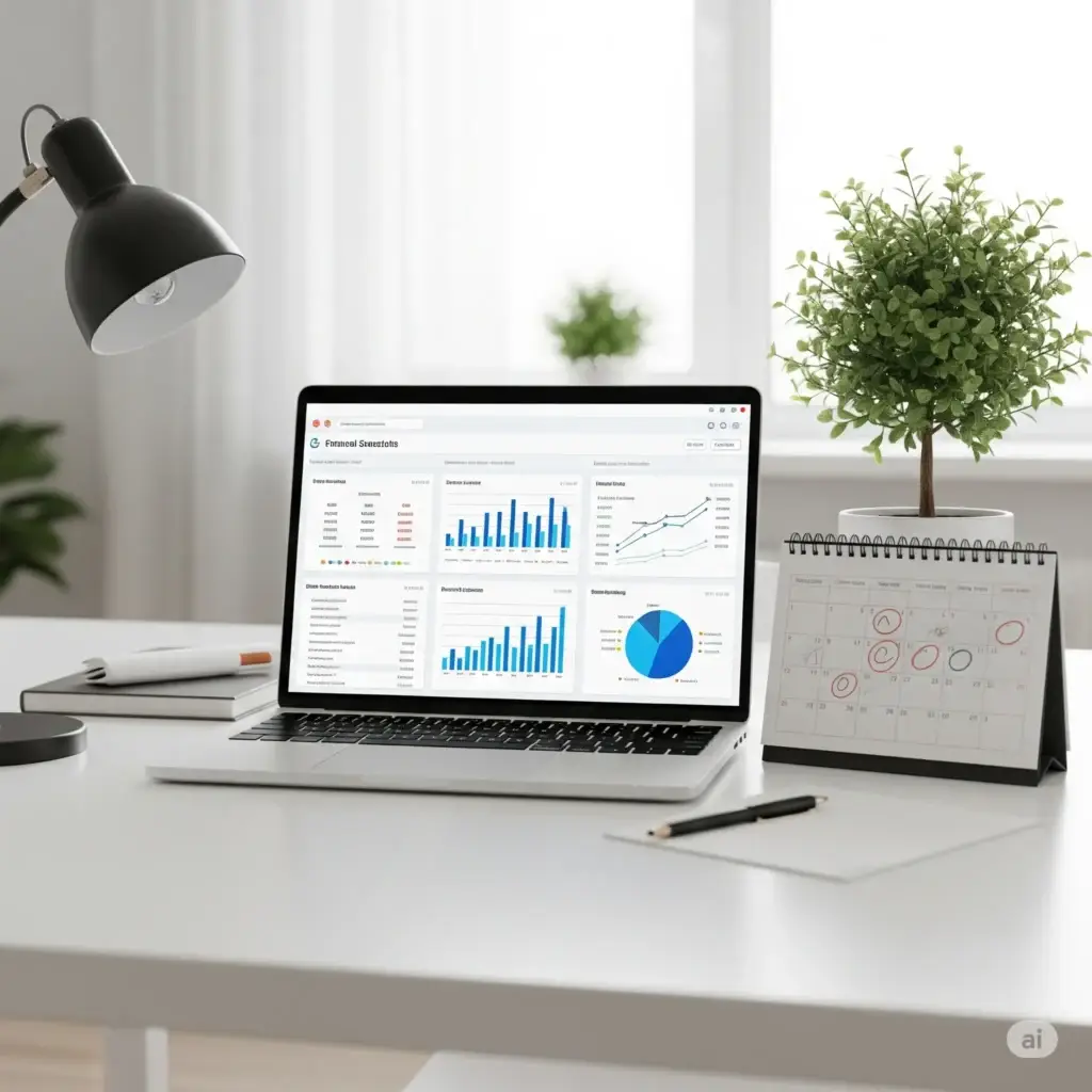 escritorio de oficina limpio y organizado con una laptop que muestra un tablero financiero, un calendario con fechas circuladas y una planta, transmitiendo una sensación de calma y control sobre las finanzas del negocio.