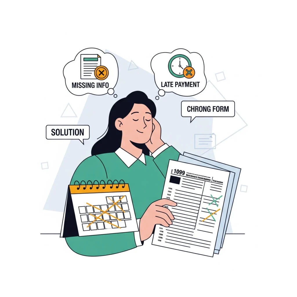 Ilustración de una persona con expresión de alivio revisando el Formulario 1099 y un calendario, con iconos de errores comunes como pagos tardíos e información faltante, y símbolos de soluciones y listas de verificación.