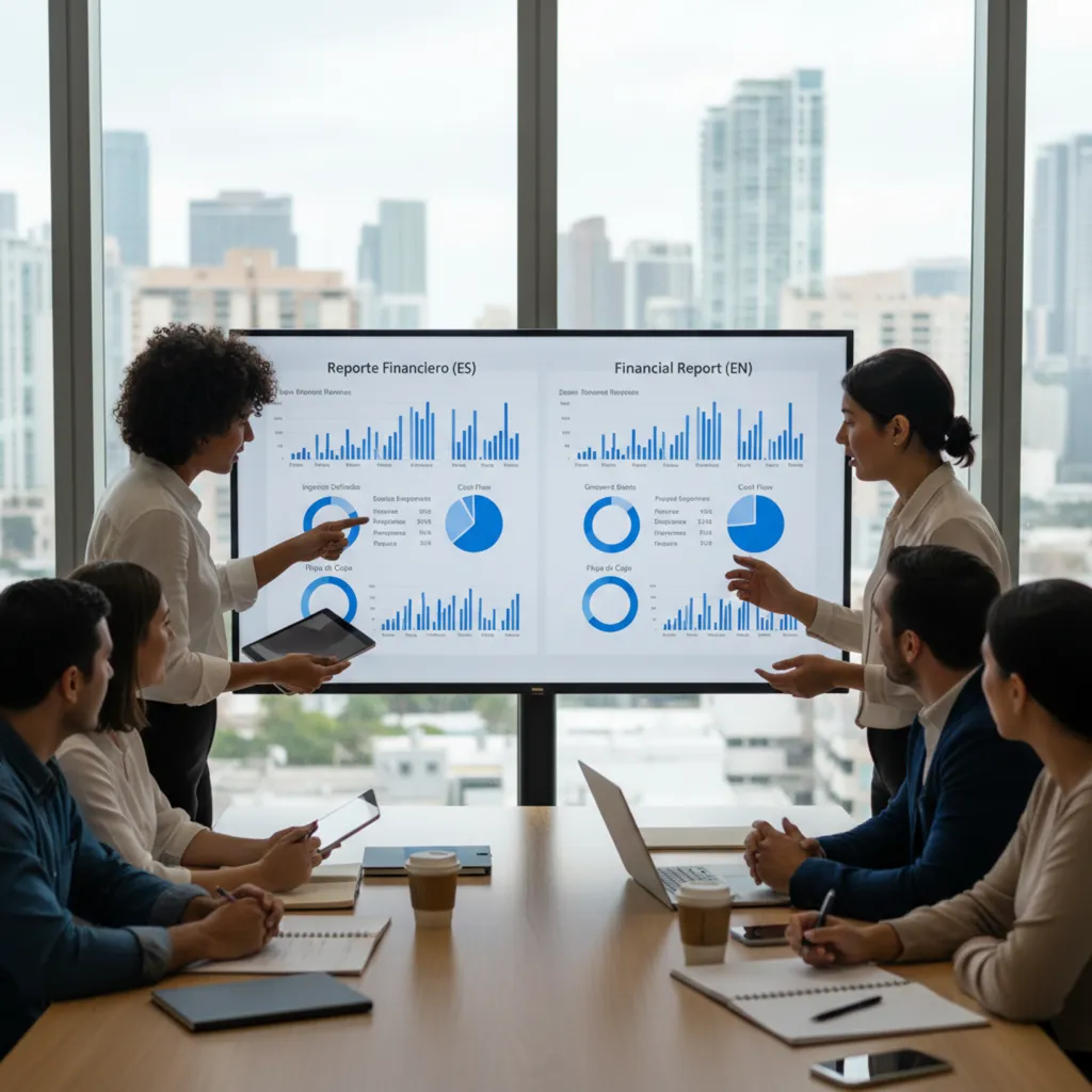 Professionals reviewing bilingual financial reports (English and Spanish) in a modern office.