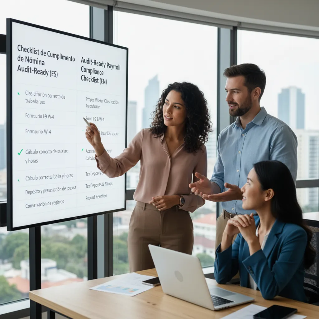 Business team discussing a bilingual payroll compliance checklist for audit readiness.