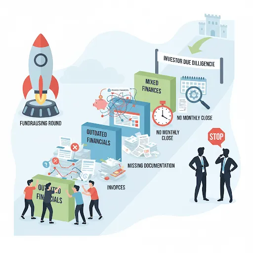 Illustration showing accounting errors delaying a startup funding process.